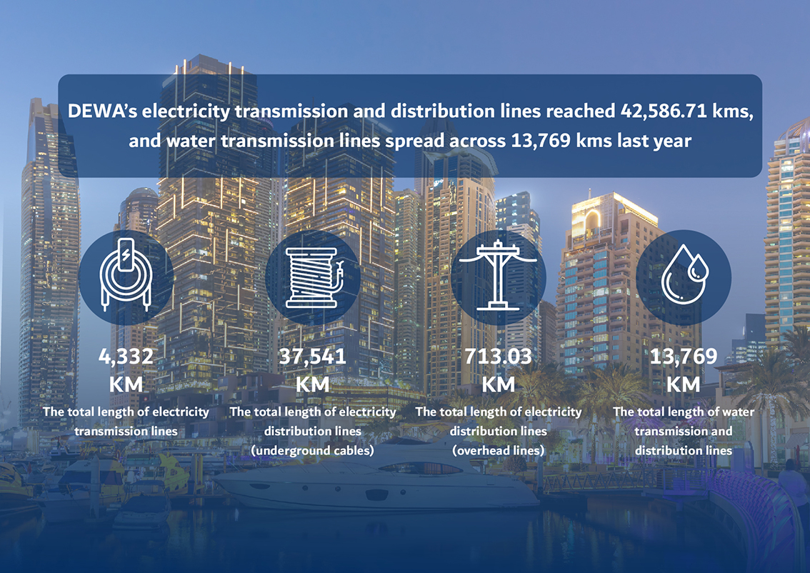 DEWA’s electricity transmission and distribution lines reached 42,586.71 kms, and water transmission lines spread across 13,769 kms last year